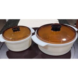 Vintage Fire King Ovenware Amber Glass Lids Baking Dishes~ Set of 2 ~ 1 and 2 QT